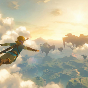 Link flying through Hyrule skyline